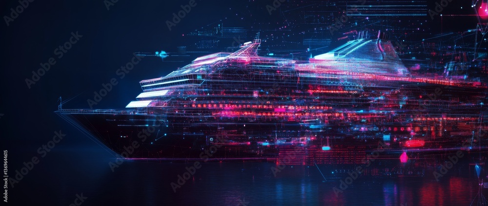 Poster digital representation of a futuristic cruise ship navigating through cosmic space at high speed wit