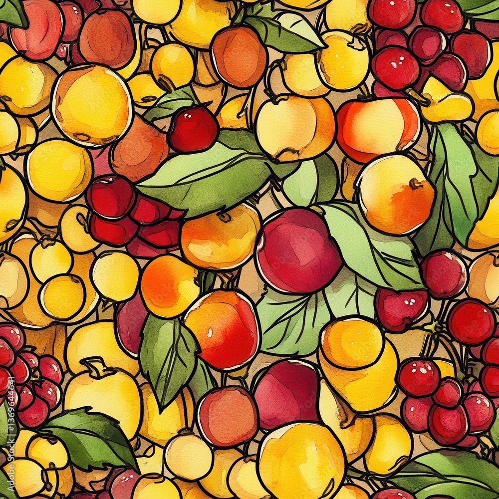 Poster intricate doodle of colorful fruits with vibrant hues and detailed patterns in a playful arrangement
