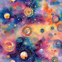 Vibrant and intricate doodle cartoon drawings of celestial bodies and cosmic elements in a colorful space theme