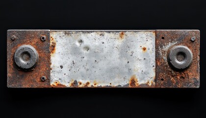A horizontal metal plate with two large rivets, rusted and dirty on the left side, white in the center, black background
