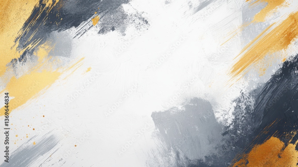Poster vibrant abstract background with gold and gray brush strokes on a white canvas