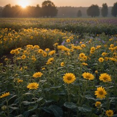 Fototapeta premium A flower farm at sunrise, with dewdrops glistening on every petal.