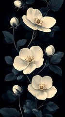 Vertical Arrangement of Delicate White Flowers with Yellow Centers on Dark Background

