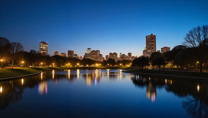 Naklejka premium Urban park pond at twilight reflecting city lights, tranquil ambiance