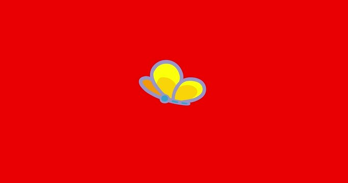 Cartoon classic butterfly yellow orange wings on red screen background. Cute 4k video linear flying character redbox animation seamless loop 2d advertisemenet style good for commercial advertising.