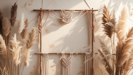Bohemian Macrame Wall Hanging Decor with Pampas Grass