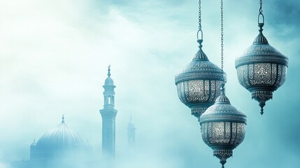 Ramadan lanterns hanging, mosque background, festive celebration