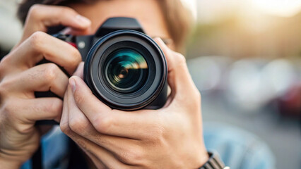 Capturing moment, photographer focuses on lens with precision and care, showcasing their passion for photography