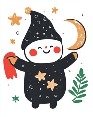 Whimsical Snowman Character in Starry Night Illustration