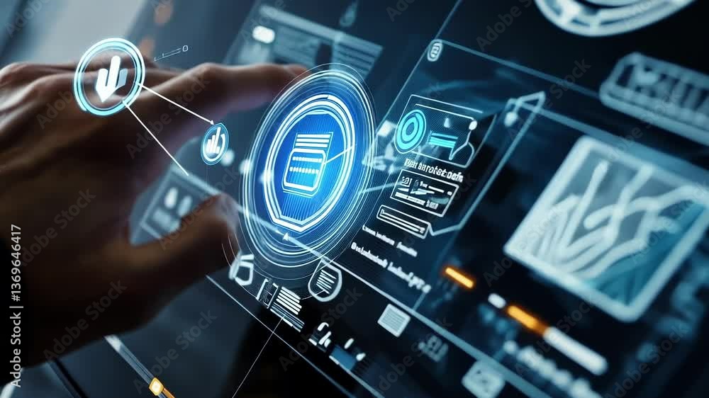 Poster hand touching futuristic transparent display with fingerprint scanner and data analysis software, po