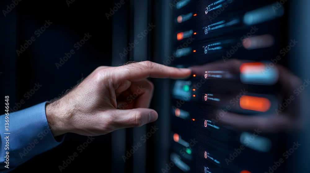 Poster close up of a hand interacting with a server rack