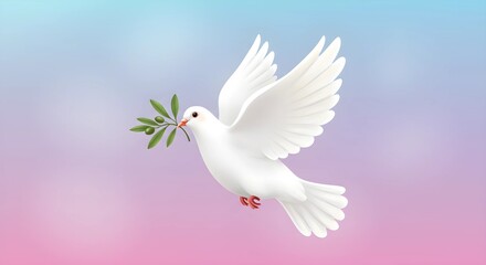 Obraz premium White dove carrying olive branch, flying peacefully against soft pastel background.