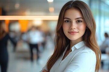 Fototapeta premium Attractive young businesswoman in bright modern office looks at camera. Ideal for corporate website, advertising, or any professional presentation.