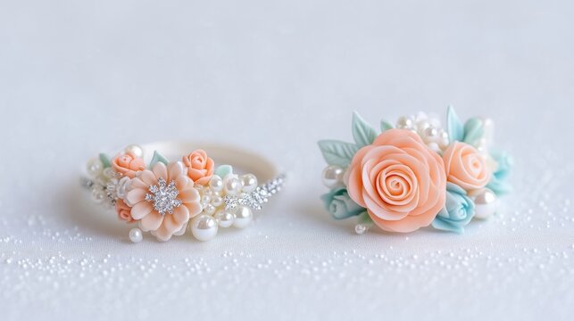 Delicate floral rings with peach and mint accents.  Small, intricately detailed,  handcrafted rings featuring  sculpted flowers, pearls, and crystals