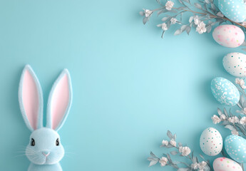 Pastel Easter Elegance: Bunny Ears & Colorful Eggs on Blue BG for 8K Design Templates.Generative AI