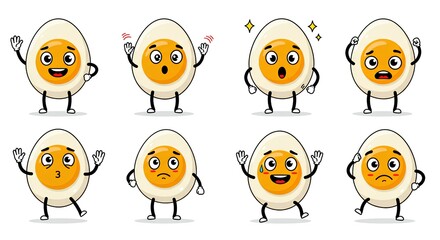 Naklejka premium Cartoon egg characters with expressive emoticon faces in playful vector style.