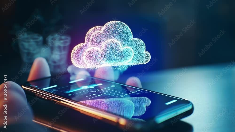 Poster hand holding smartphone displaying a futuristic hologram of cloud computing, processing and transfer
