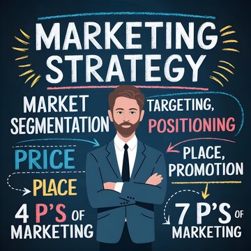 of a businessman in front of a board illustrating the fundamental concepts of marketing of a marketing strategy board that presents the 4Ps and the 7Ps,the concepts of market segmentation, targeting 