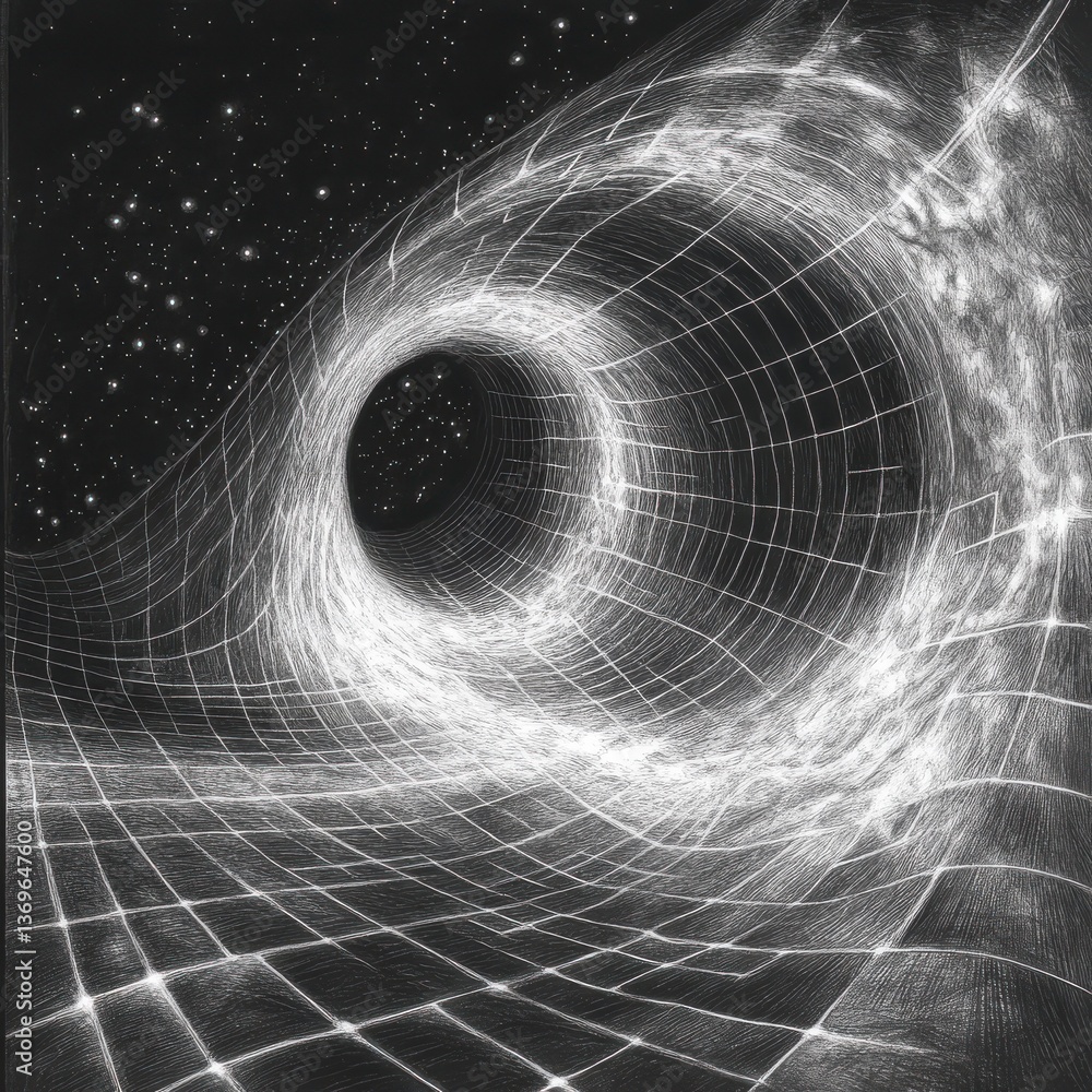 Poster exploring a cosmic wormhole connecting distant regions of space and time