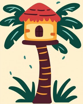 recommend clip art: Whimsical Yellow and Red Tree House in Palm Tree Illustration