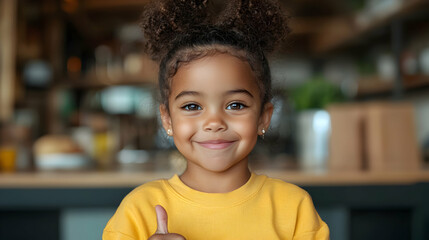Happy Little Girl in Yellow Sweater Giving Thumbs Up