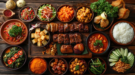 Assorted Asian Cuisine Dishes Served in Bowls on Rustic Wooden Table