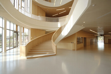 Organic Modern Interior: Sunlit Living Space with Sculptural Staircase