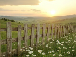 Rural landscape view of a field, fence, wildflowers at sunset.