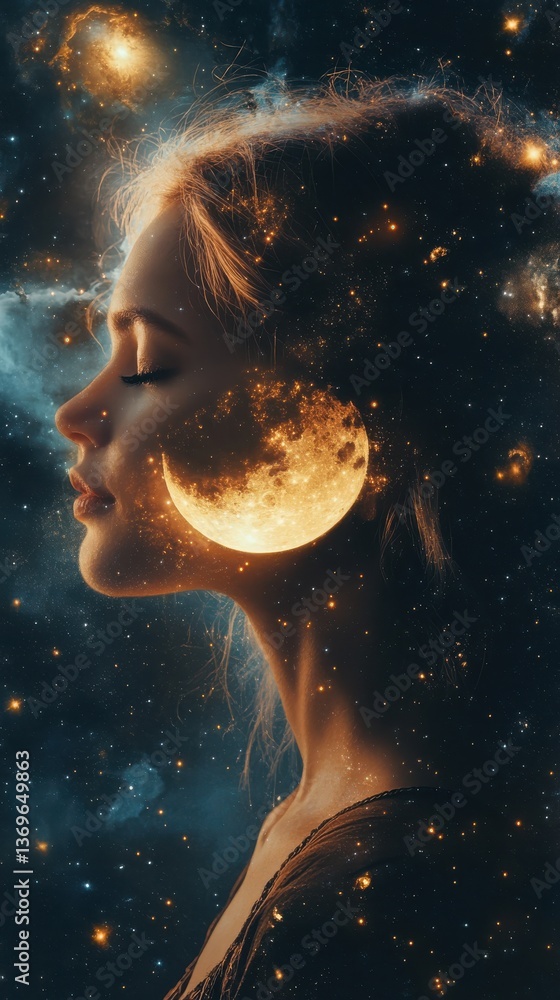 Aufkleber surreal representation of a glowing woman with celestial elements against a cosmic backdrop at twili