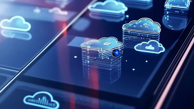 Connecting multiple devices through cloud computing technology, transferring data and information on a smartphone screen with futuristic digital effects for enhanced communication