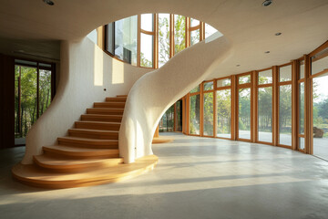 Obraz premium Organic Modern Interior: Sunlit Living Space with Sculptural Staircase