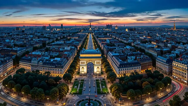 Twilight Over Paris, Aerial View of Arc de Triomphe at Dusk
