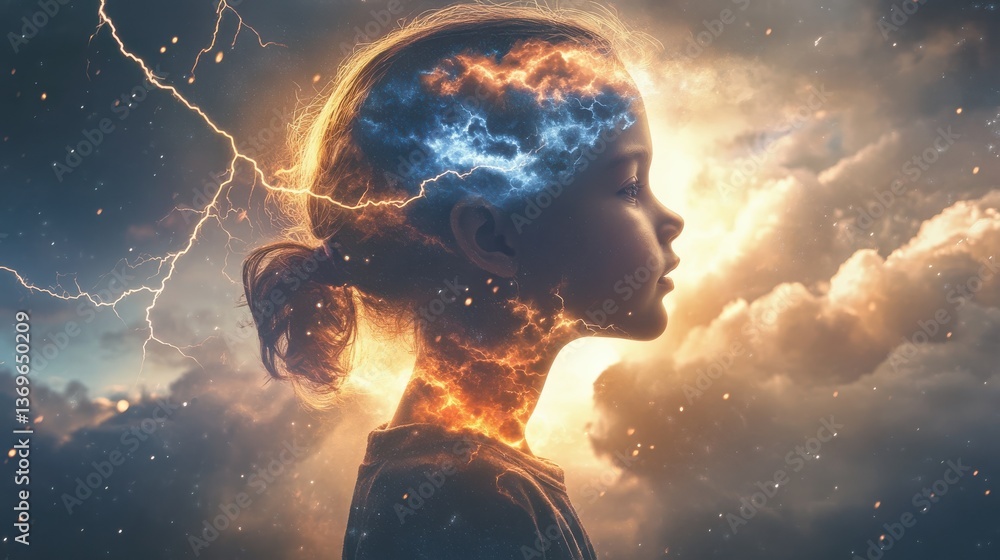 Poster surreal depiction of a glowing child with elements of nature in a dreamlike landscape