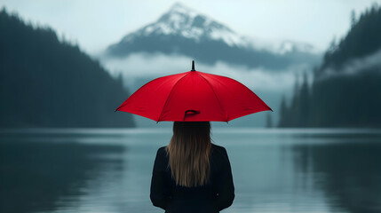 Couple Under Red Umbrella Admire Snowy Mountain Lake