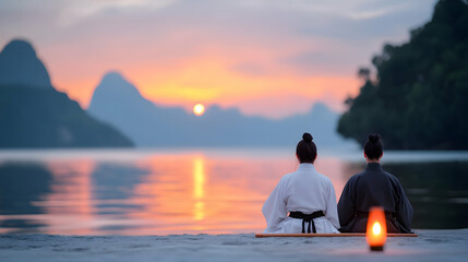 Fototapeta premium Couple Practicing Martial Arts at Sunrise on a Beach