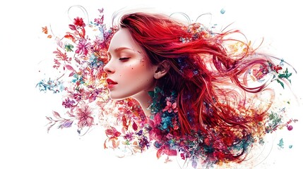 Naklejka premium A vector art illustration of a beautiful woman with long, flowing hair and spring flowers accentuating her glamorous face