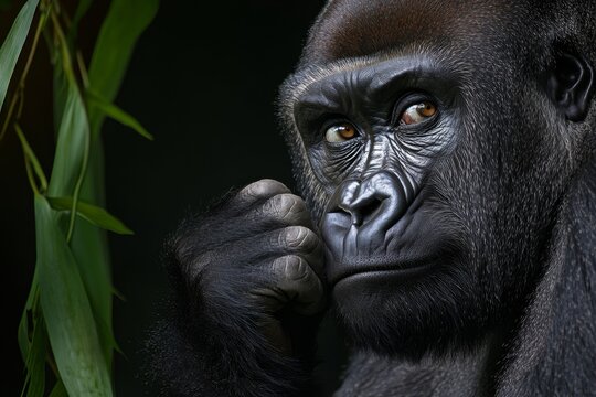 A powerful silverback gorilla sitting among the dense jungle foliage, staring thoughtfully into the distance