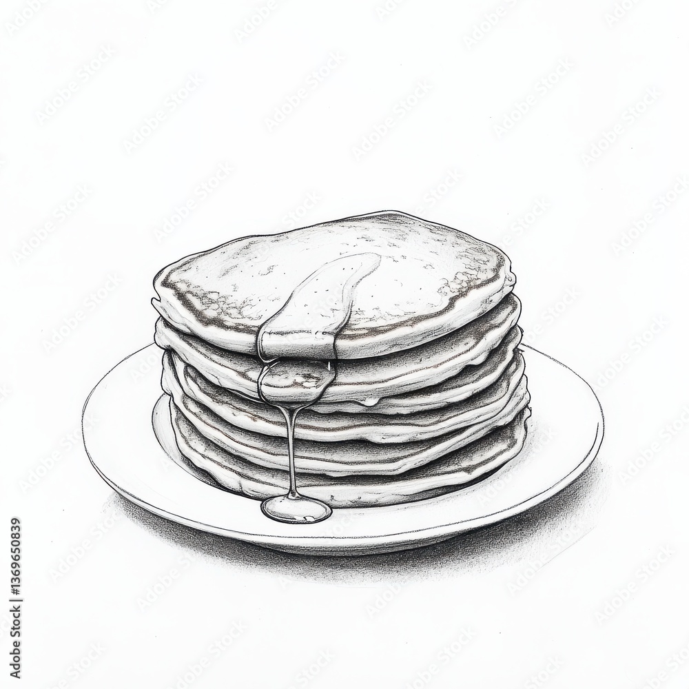 Poster stack of fluffy pancakes with warm syrup drizzling on top served on a white plate in a cozy dining s