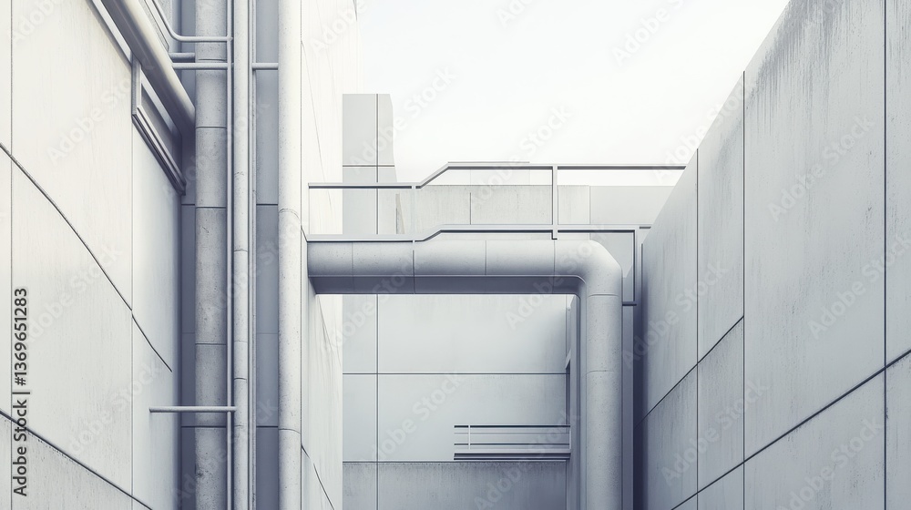 Poster exploring a modern architectural environment with smooth gray surfaces and industrial pipes in a min