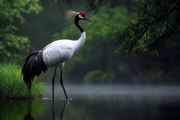 Fototapeta premium A red-crowned crane standing in a misty wetland, its reflection shimmering in the water