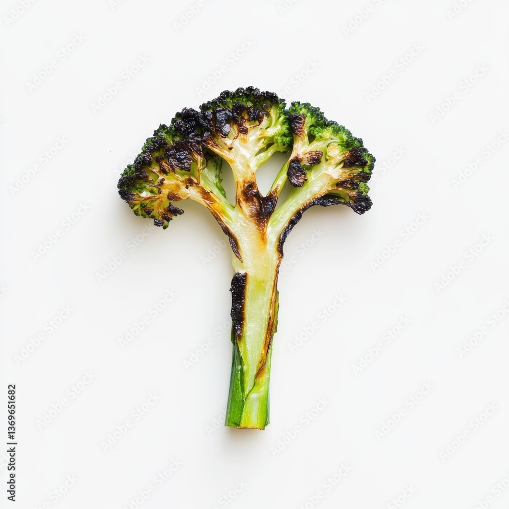 Aufkleber single charred broccoli floret displaying roasted texture on plain background