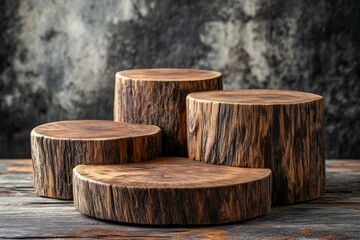 Fototapeta premium Rustic Wooden Tree Stump Display Stand Natural Wood Pedestal Organic Product Presentation