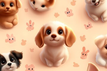 A seamless pattern of adorable baby animals like kittens, puppies, and bunnies on a soft pastel background