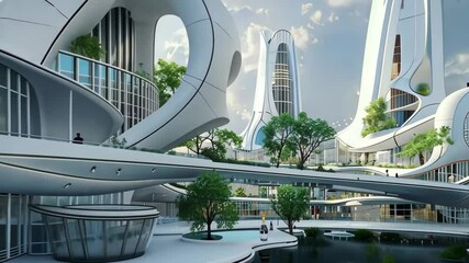 A stunning urban environment showcases innovative architecture with organic shapes, abundant greenery, and tranquil water features, all set against a bright sky.