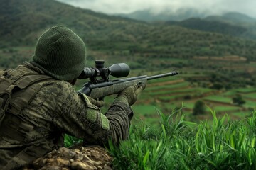 A sniper holding his breath before taking a long-distance shot, his finger steady on the trigger