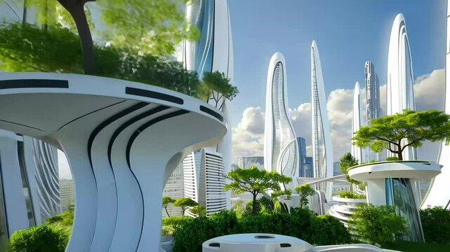A vibrant futuristic city showcases sleek, curvilinear buildings surrounded by lush greenery and innovative urban planning, all set against a clear blue sky.
