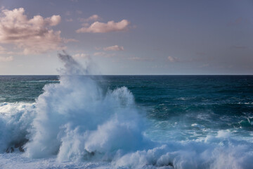 Powerful storm waves in Porto Moniz, on the Madeira Atlantic coastline, Portugal