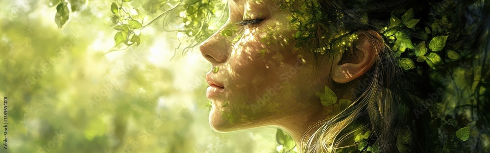 Aufkleber serene portrait of a woman's face illuminated by soft light with floral elements in a tranquil natur