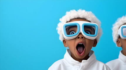 Excited Children in White Lab Coats and Goggles at STEM Camp