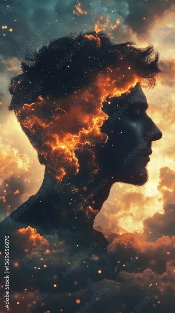 Aufkleber mystical profile of a man filled with clouds and cosmic elements in vibrant colors at twilight